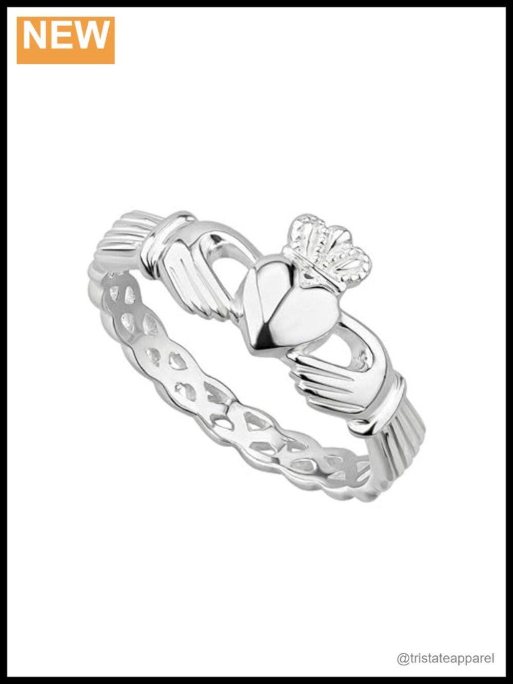 Handmade Irish Claddagh Ring Rhodium-Plated 925 Sterling Silver Braided Band